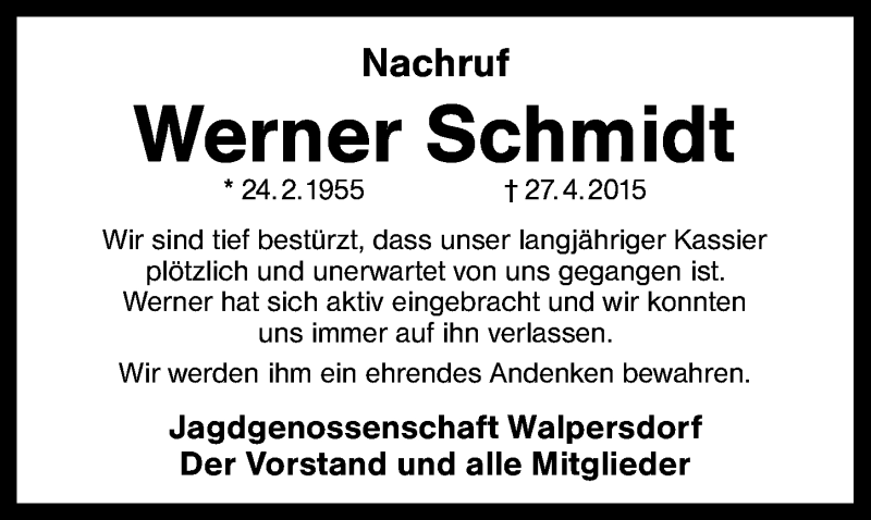  Traueranzeige für Werner Schmidt vom 09.05.2015 aus Schwabach