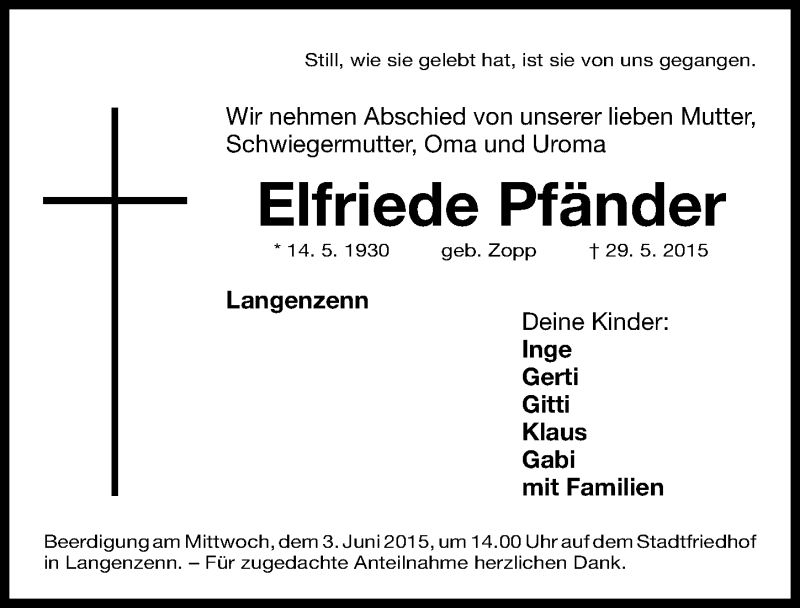  Traueranzeige für Elfriede Pfänder vom 01.06.2015 aus Fürther Nachrichten Lokal