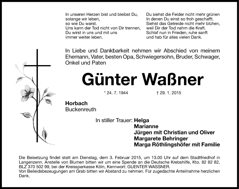  Traueranzeige für Günter Waßner vom 02.02.2015 aus Fürther Nachrichten Lokal
