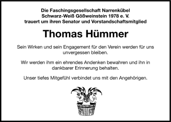 Traueranzeige von Thomas Hümmer von Nordbayerische Nachrichten Forchheim Lokal