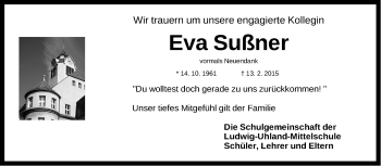 Traueranzeige von Eva Sußner von Gesamtausgabe Nürnberger Nachrichten/ Nürnberger Ztg.