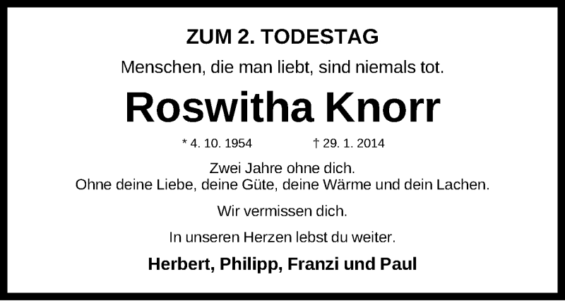  Traueranzeige für Roswitha Knorr vom 29.01.2016 aus Schwabach