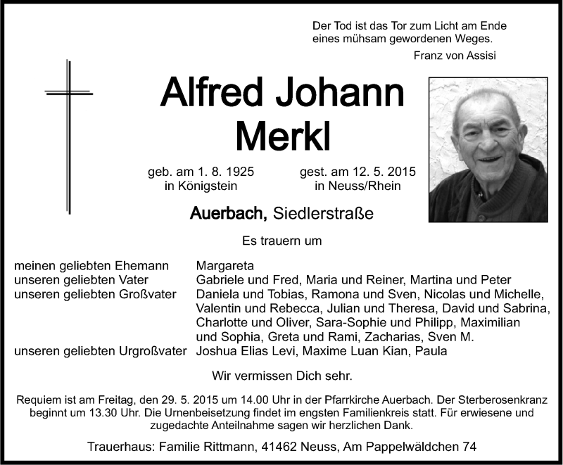  Traueranzeige für Alfred Johann Merkl vom 23.05.2015 aus Nordbayerische Nachrichten Pegnitz Lokal