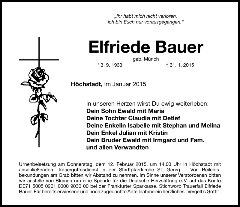  Traueranzeige für Elfriede Bauer vom 10.02.2015 aus Nordbayerische Nachrichten Herzogenaurach Lokal