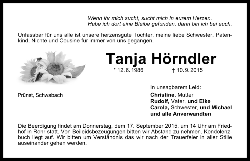  Traueranzeige für Tanja Hörndler vom 15.09.2015 aus Schwabach
