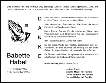 Traueranzeige von Babette Habel von Altmühl-Bote Lokal