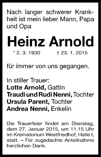 Traueranzeige von Heinz Arnold von Gesamtausgabe Nürnberger Nachrichten/ Nürnberger Ztg.