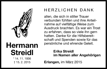 Traueranzeige von Hermann Streidl von Erlanger Nachrichten Lokal