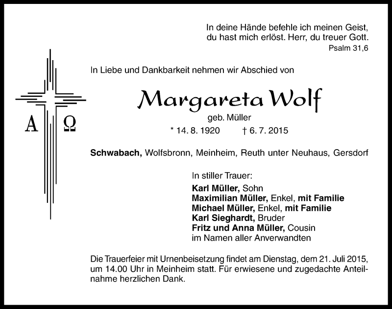 Traueranzeigen Von Margareta Wolf | Trauer.nn.de