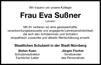Traueranzeige von Eva Sußner von Gesamtausgabe Nürnberger Nachrichten/ Nürnberger Ztg.