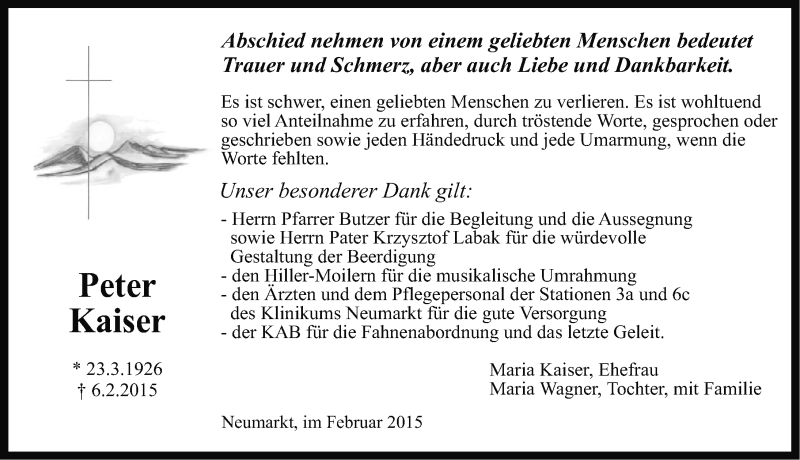 Traueranzeige für Peter Kaiser vom 14.02.2015 aus Neumarkter Nachrichten Lokal