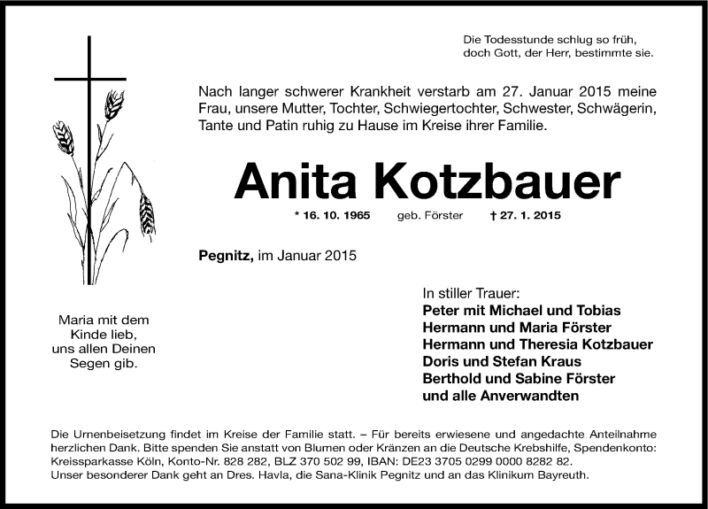  Traueranzeige für Anita Kotzbauer vom 04.02.2015 aus Nordbayerische Nachrichten Pegnitz Lokal