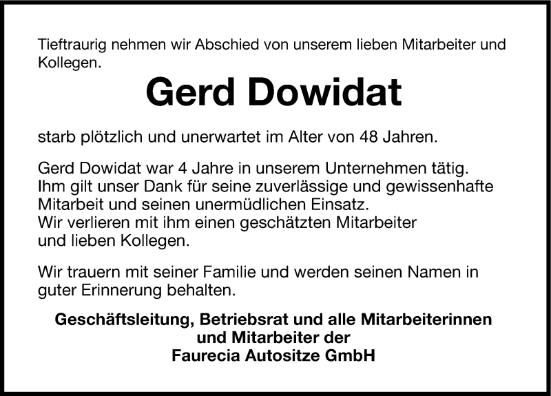  Traueranzeige für Gerd Dowidat vom 20.05.2015 aus Neumarkter Nachrichten Lokal