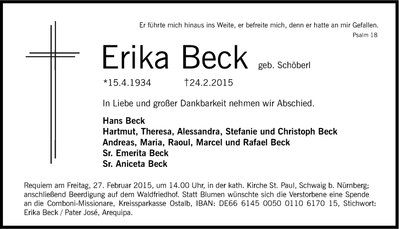  Traueranzeige für Erika Beck vom 26.02.2015 aus Roth-Hilpoltsteiner Volkszeitung Lokal