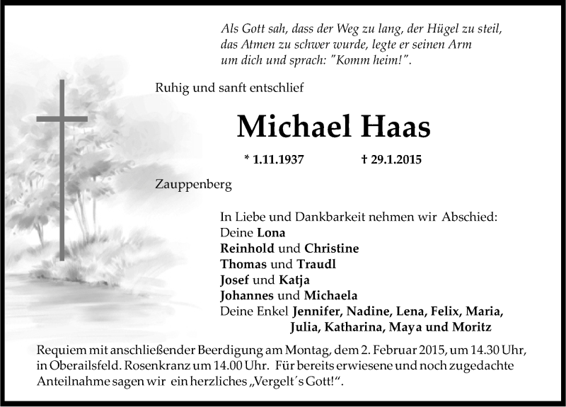  Traueranzeige für Michael Haas vom 31.01.2015 aus Nordbayerische Nachrichten Pegnitz Lokal