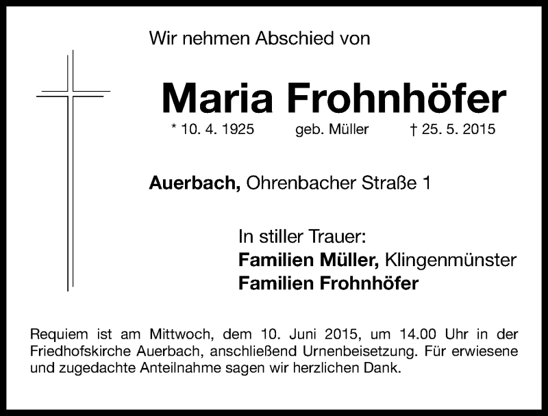  Traueranzeige für Maria Frohnhöfer vom 06.06.2015 aus Nordbayerische Nachrichten Pegnitz Lokal