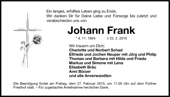 Traueranzeige von Johann Frank von Fürther Nachrichten Lokal