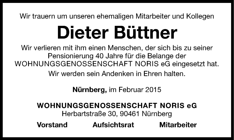  Traueranzeige für Dieter Büttner vom 28.02.2015 aus Gesamtausgabe Nürnberger Nachrichten/ Nürnberger Ztg.