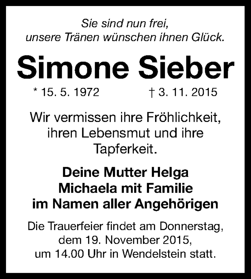  Traueranzeige für Simone Sieber vom 14.11.2015 aus Gesamtausgabe Nürnberger Nachrichten/ Nürnberger Ztg.