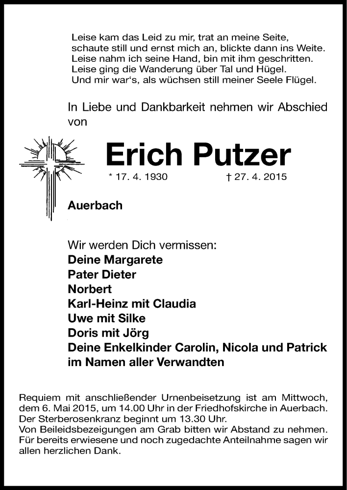  Traueranzeige für Erich Putzer vom 01.05.2015 aus Nordbayerische Nachrichten Pegnitz Lokal