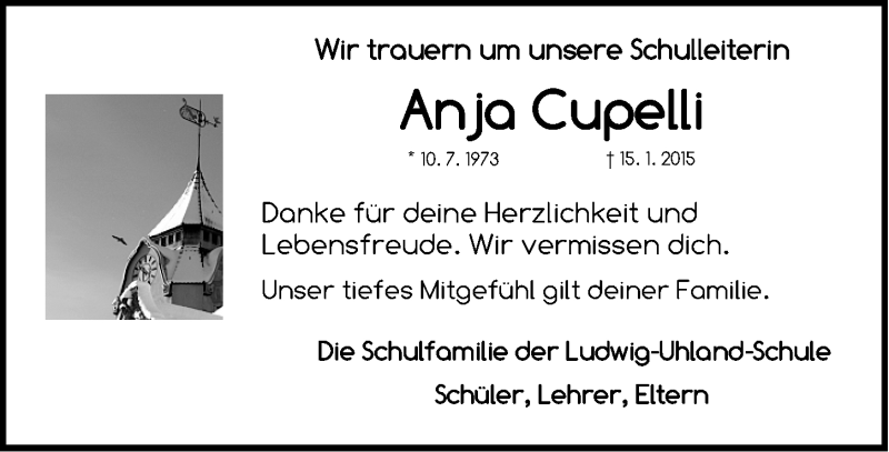  Traueranzeige für Anja Cupelli vom 21.01.2015 aus Gesamtausgabe Nürnberger Nachrichten/ Nürnberger Ztg.