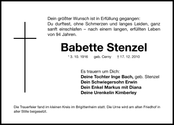 Traueranzeige von Babette Stenzel von Nürnberger Nachrichten