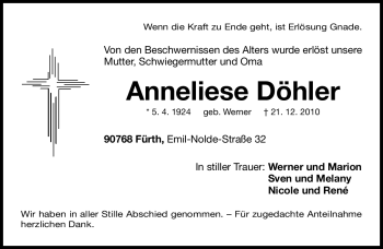 Traueranzeige von Anneliese Döhler von Nürnberger Nachrichten