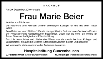 Traueranzeige von Marie Beier von Nürnberger Nachrichten