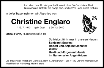 Traueranzeige von Christine Englaro von Nürnberger Nachrichten