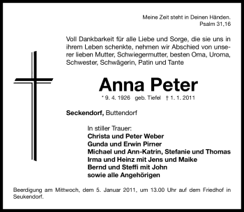 Traueranzeige von Anna Peter von Nürnberger Nachrichten