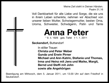 Traueranzeige von Anna Peter von Nürnberger Nachrichten