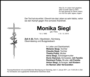 Traueranzeige von Monika Siegl von Nürnberger Nachrichten