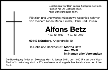 Traueranzeige von Alfons Betz von Nürnberger Nachrichten