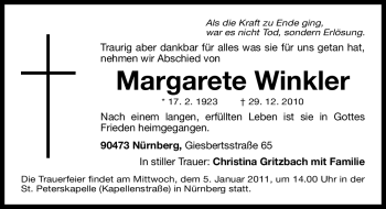 Traueranzeige von Margarete Winkler von Nürnberger Nachrichten