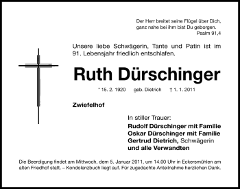 Traueranzeige von Ruth Dürschinger von Nürnberger Nachrichten