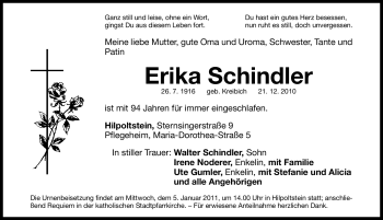 Traueranzeige von Erika Schindler von Nürnberger Nachrichten