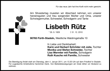 Traueranzeige von Lisbeth Rütz von Nürnberger Nachrichten