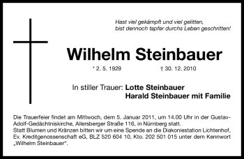 Traueranzeige von Wilhelm Steinbauer von Nürnberger Nachrichten