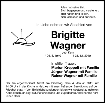 Traueranzeige von Brigitte Wagner von Nürnberger Nachrichten