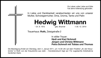 Traueranzeige von Hedwig Wittmann von Nürnberger Nachrichten