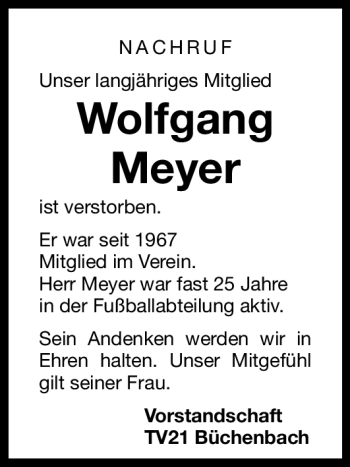 Traueranzeige von Wolfgang Meyer von Nürnberger Nachrichten