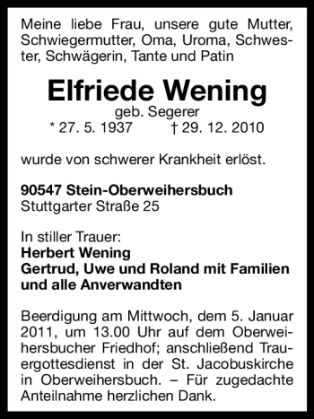 Traueranzeige von Elfriede Wening von Nürnberger Nachrichten