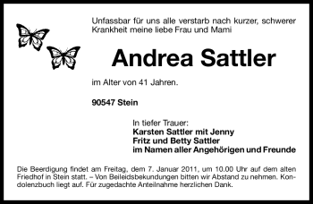 Traueranzeige von Andrea Sattler von Nürnberger Nachrichten