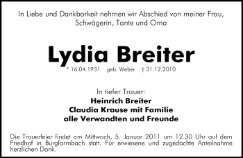 Traueranzeige von Lydia Breiter von Nürnberger Nachrichten