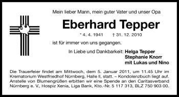 Traueranzeige von Eberhard Tepper von Nürnberger Nachrichten