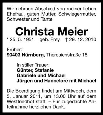 Traueranzeige von Christa Meier von Nürnberger Nachrichten