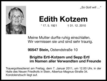 Traueranzeige von Edith Kotzem von Nürnberger Nachrichten