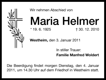 Traueranzeige von Maria Helmer von Nürnberger Nachrichten