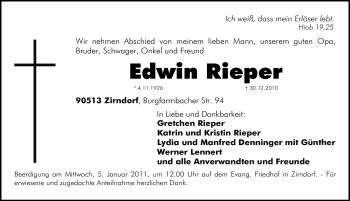 Traueranzeige von Edwin Rieper von Nürnberger Nachrichten