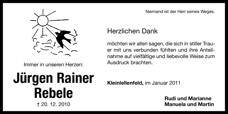  Traueranzeige für Jürgen Rainer Rebele vom 04.01.2011 aus Nürnberger Nachrichten